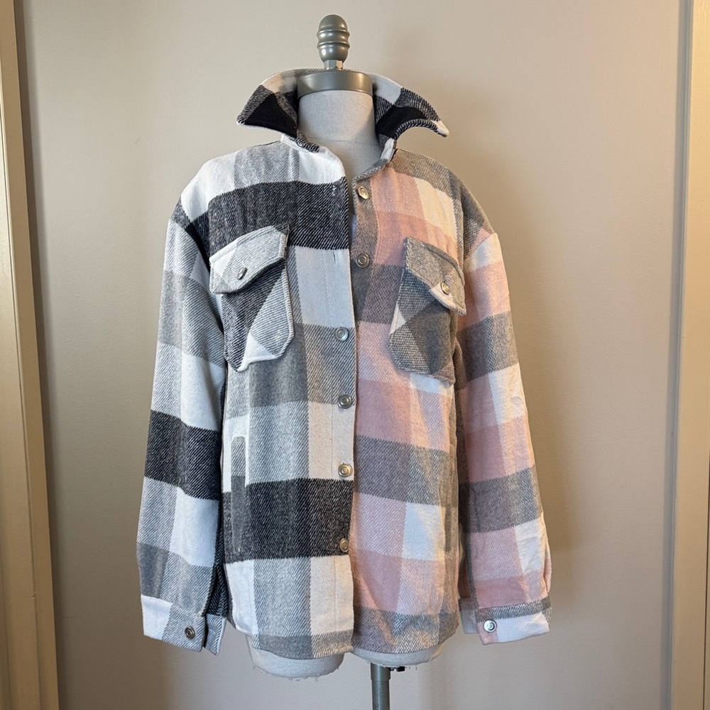 Miss Sparkling Plaid Shacket Jacket - Pink & Gray